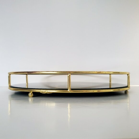 Marble Glass Top Round Tray Gold Tone Metal Trim & Footings Black Felt Bottom - Picture 2 of 9